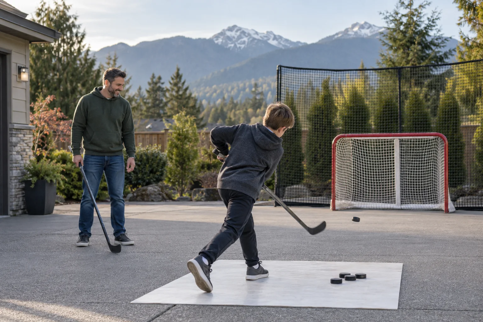 Dad and child enjoying hockey shooting practice in a backyard setup