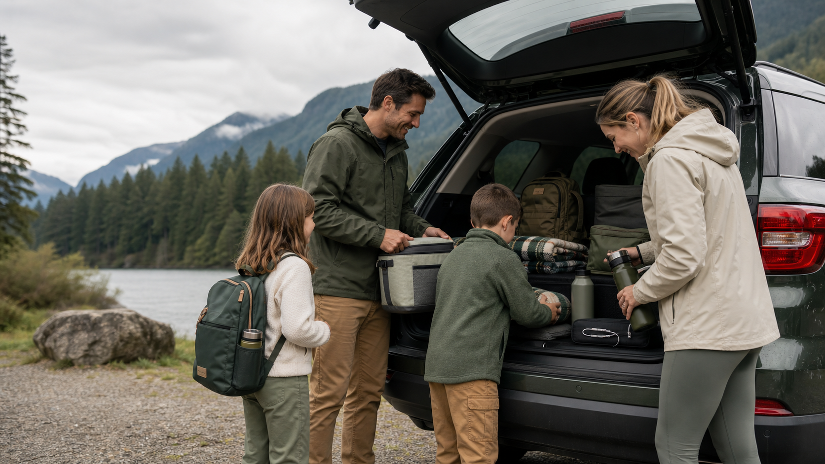 Canadian family loading practical road-trip gear into an SUV
