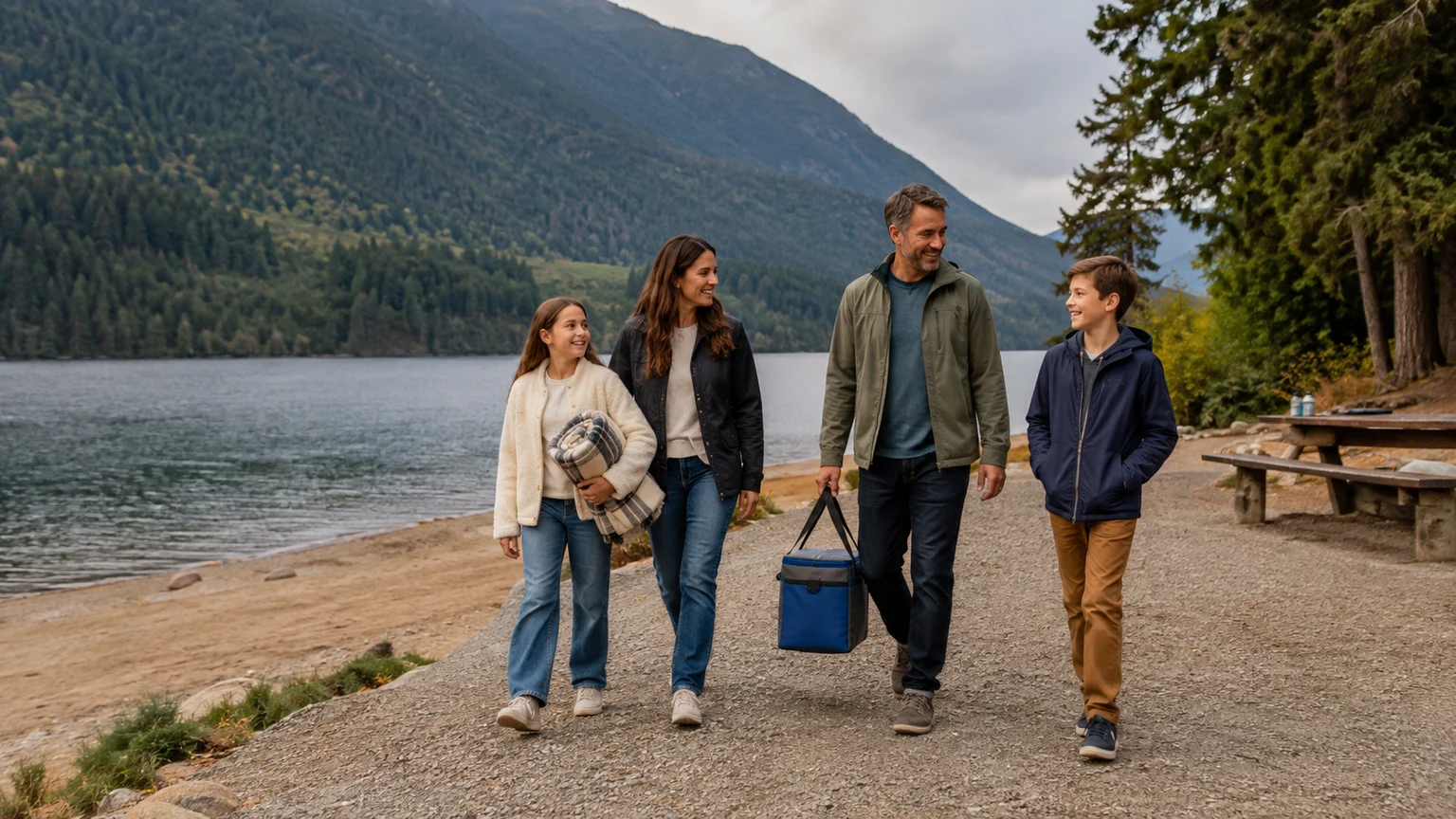 Family arriving with a cooler beside Alouette Lake in Golden Ears Park