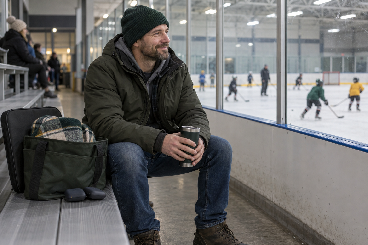 Prepared hockey dad watching youth practice with a small rink bag
