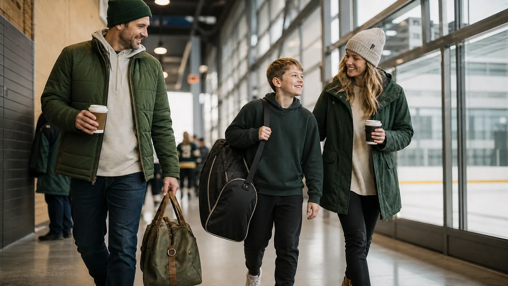 Family arriving at a youth hockey tournament