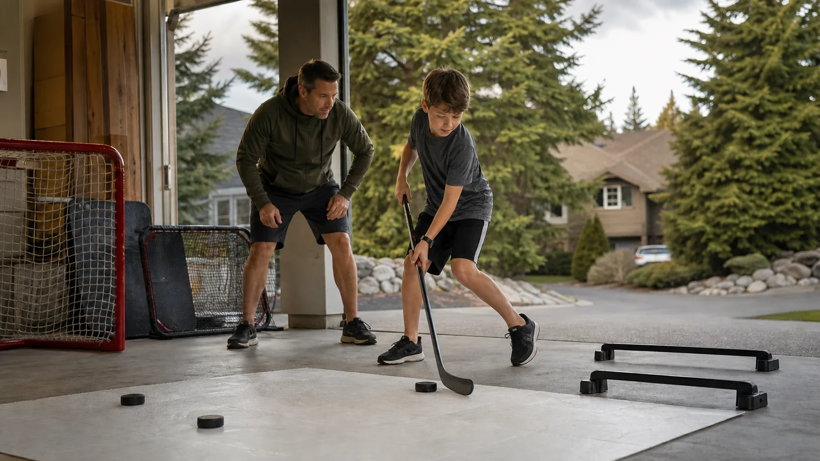 Father helping a young hockey player practise stickhandling at home