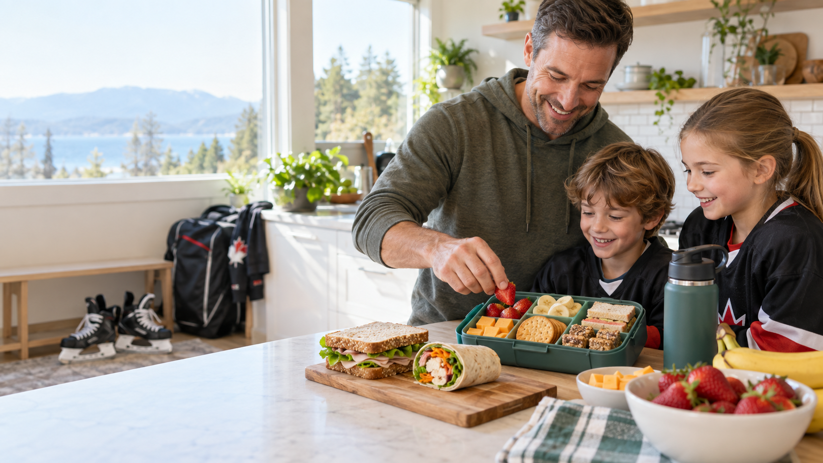 Young hockey player with a bright pre-game meal and divided snack box