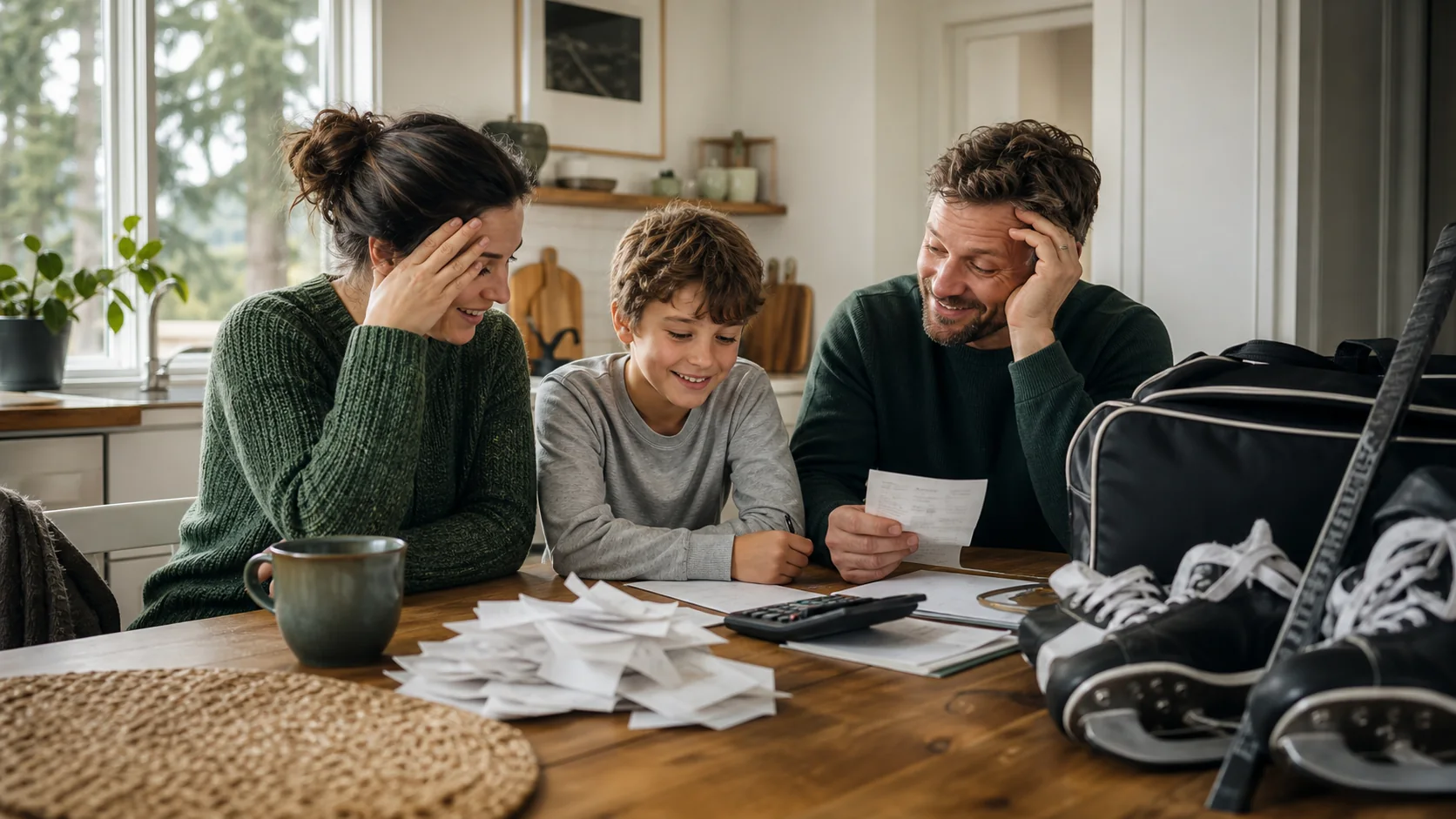 Hockey family reviewing season expenses at the kitchen table