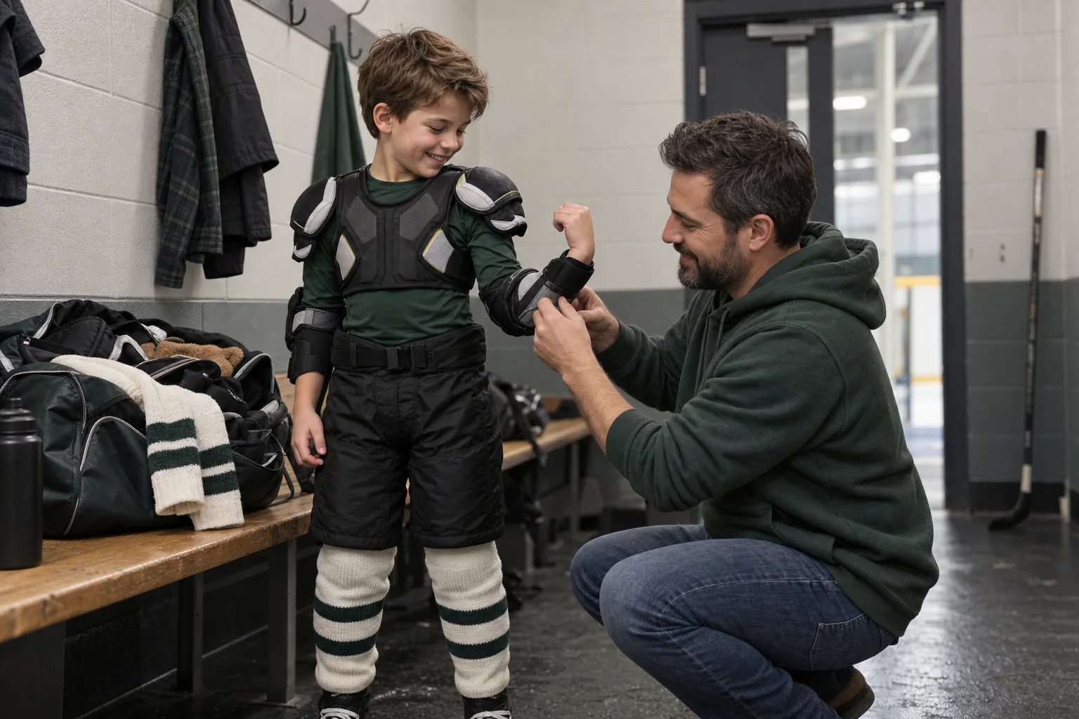 Hockey parent checking the fit of a young player's protective equipment